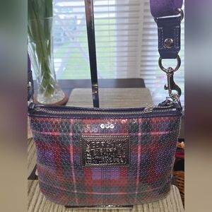 COACH POPPY, PURPLE PLAID SEQUIN- EUC